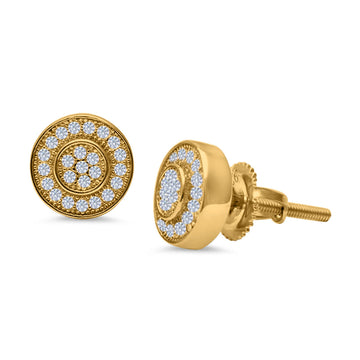 Micro Pave Stud Earrings Round Yellow Tone, Simulated CZ 925 Sterling Silver